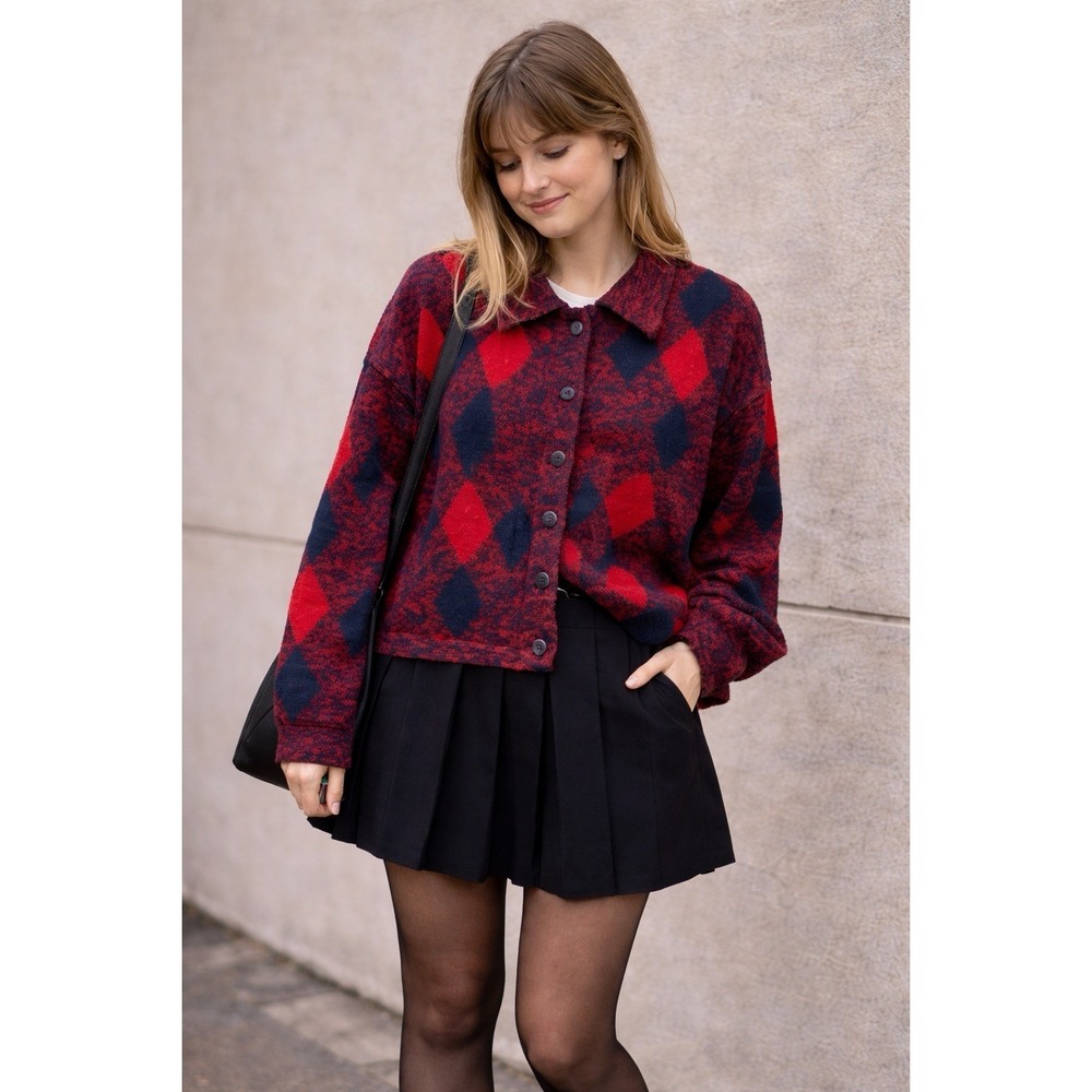 Vintage Paris Sport Club Cardigan Sweater Womens L Plaid Argyle Grandmacore Y2K
